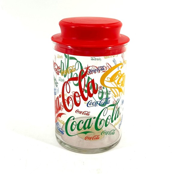 Coca-Cola Other - Coca-Cola Vintage Indiana Glass 20oz Multicolor Coke Collage Jar Canister RedLid